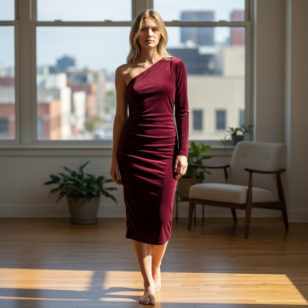 Burgundy One Shoulder Ruched Bodycon Midi Dress Long Sleeve Wine Red Size S